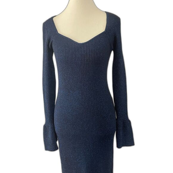 LOFT Navy Metallic Ribbed Knit Sweater Dress Long Sleeve Sz Sm NEW YEAR'S EVE - Picture 5 of 11